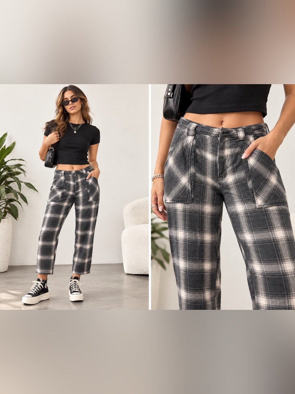 Free People Black & White Plaid Straight Leg Pants